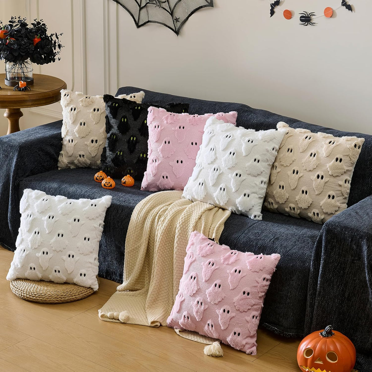 Halloween Decor Pillow Covers 18x18 inch Set of 2 Cute Ghost Throw Pillow Cases Soft Plush Faux Fur Couch Cushion Case for Chair Bed Sofa Bedroom Living Room Halloween Decorations Pink