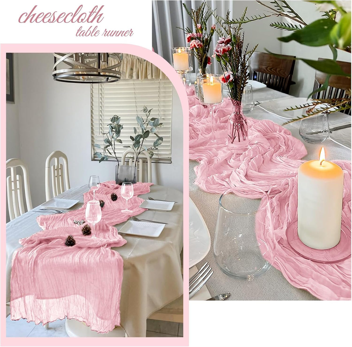 6 Pack Light Pink Cheesecloth Table Runner 20 x 120 Inch Gauze Table Runner Fabric Semi Sheer Cheese Cloth Table Decor Bulk for Rustic Romantic Wedding Baby Shower Party Table Decoration
