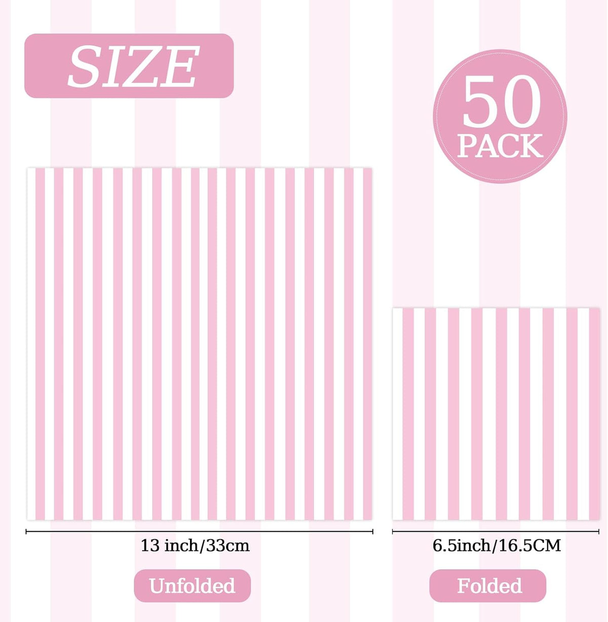 50PCS Pink and White Striped Paper Napkins, Light Pink Dinner Napkin Disposable Beverage Dessert Luncheon Napkins for Birthday Bridal & Baby Shower Wedding Party Supplies