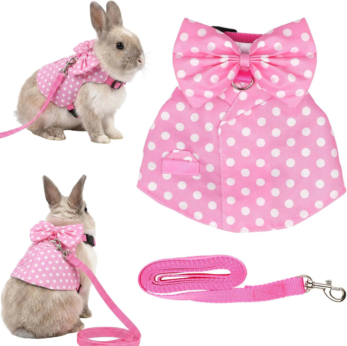 Bunny Harness and Leash Set, Soft Mesh Rabbit Harness with Bow, Adjustable Escape Proof Vest for Small Pets Rabbits Kittens Guinea Pigs (Pink Polka Dots, M)