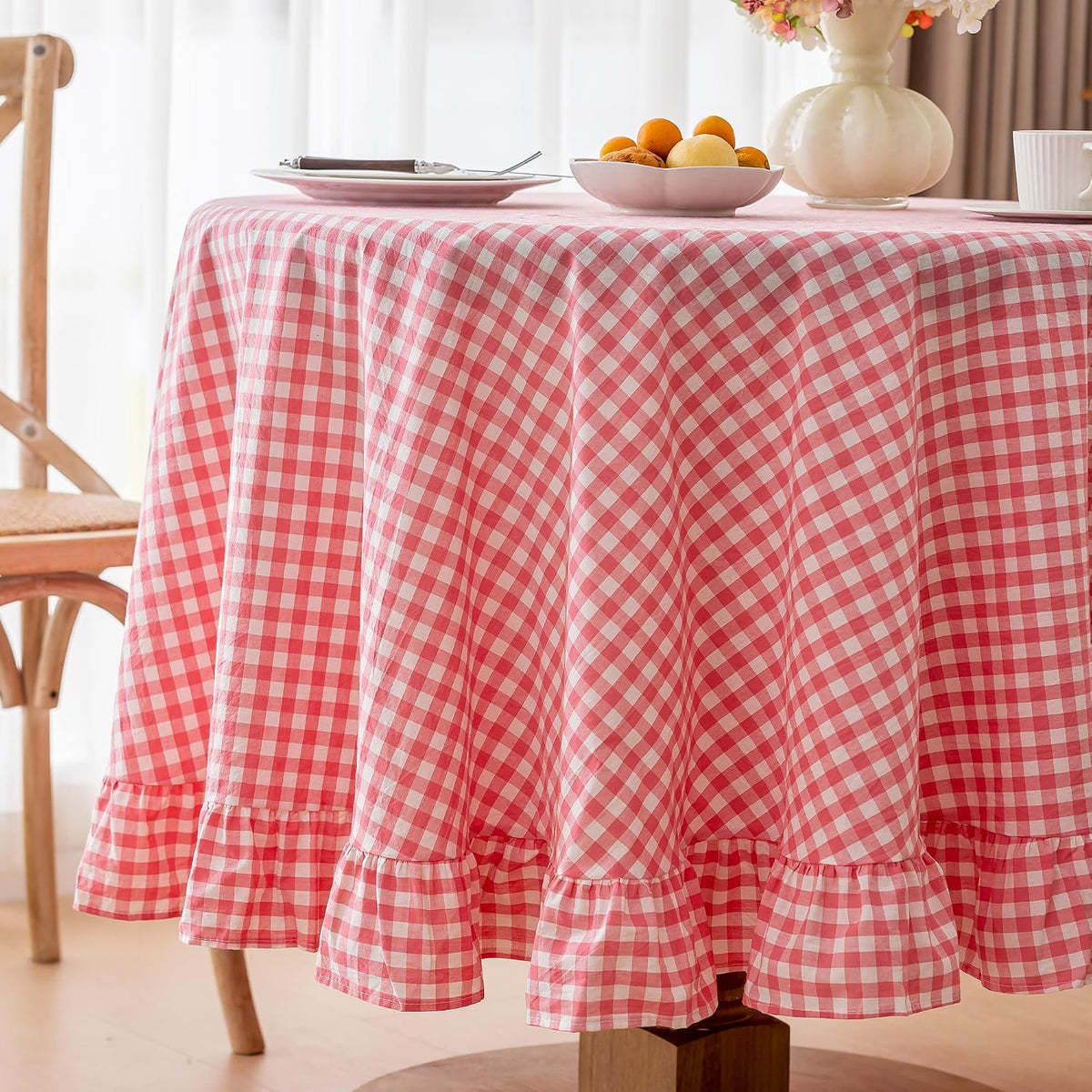 Checkered 100% Washed Cotton Tablecloth Ruffle Gingham Pink, Round 70"
