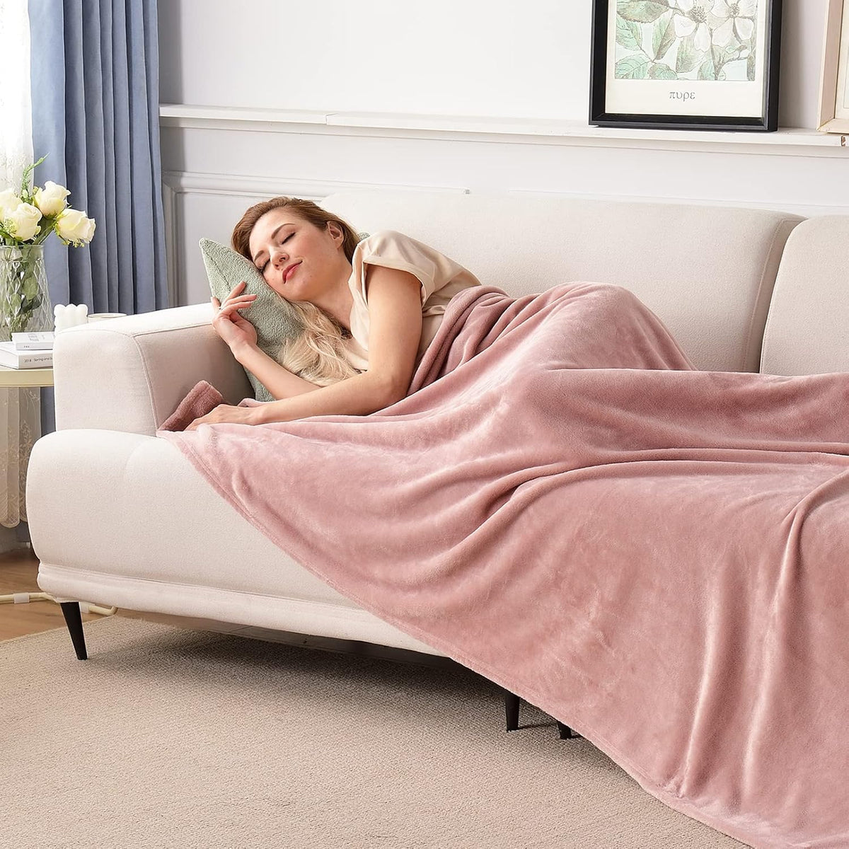 Flannel Fleece Blanket Luxury Twin XL Size, Dusty Pink, 66x90 inches