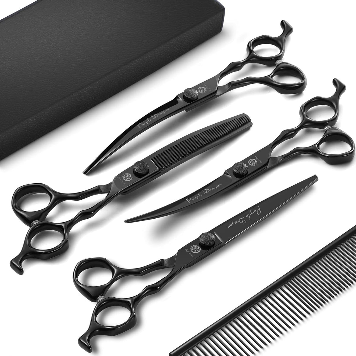 Purple Dragon Dog Grooming Scissors Set - Curved Thinning, Straight, Up & Down Curved Scissors and Comb, 7 Inch Black Shears with Adjustable Screw for Dogs and Cats