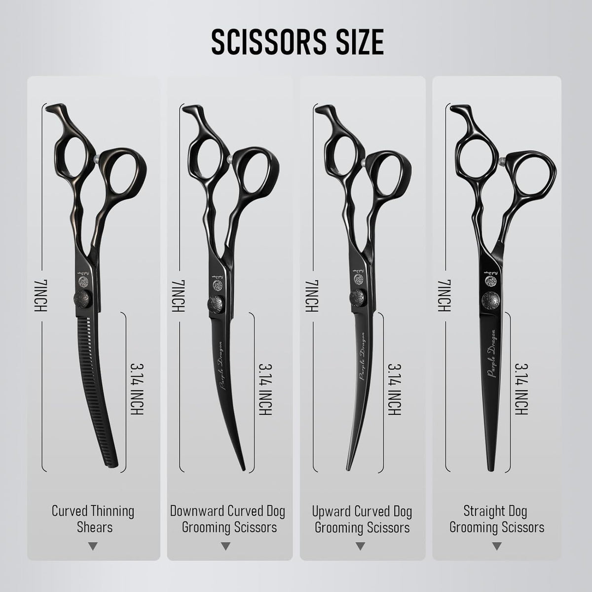 Purple Dragon Dog Grooming Scissors Set - Curved Thinning, Straight, Up & Down Curved Scissors and Comb, 7 Inch Black Shears with Adjustable Screw for Dogs and Cats