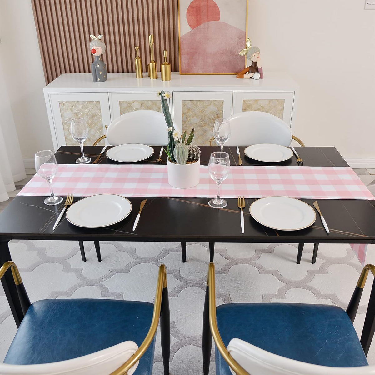 Pink & White 2 Side Buffalo Check Farmhouse Table Runner for Family Dinners or Gatherings, Indoor or Outdoor Parties, Everyday Use (12" x 48")