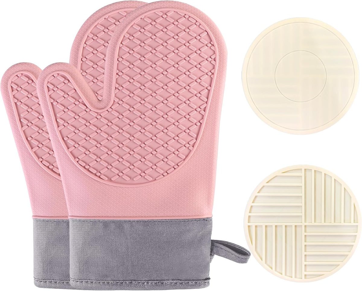 Silicone Oven Mitts Sets with Potholders, 500°F Heat Resistant Kitchen Cooking Gloves, Cotton Lining Baking Mitts, Non-Slip Textured Grip, Pink