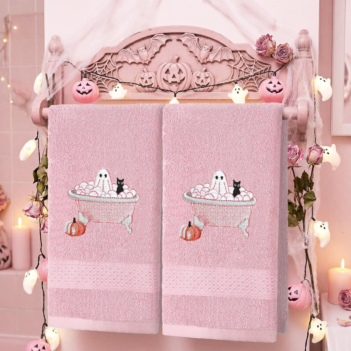 2 Pcs Pink Halloween Hand Towels Embroidered Ghost Bathroom Decor