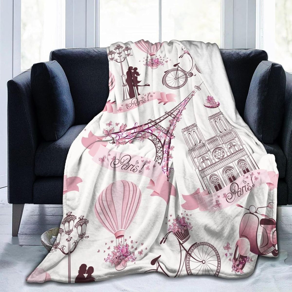 Paris Romantic Pink Blanket, Soft Blankets Flannel Bed Throw Cozy Lightweight Plush Gifts for Women Girls Sofa Couch Bedroom Living Rooms Warm All Season, Home Decor, 60"x50"