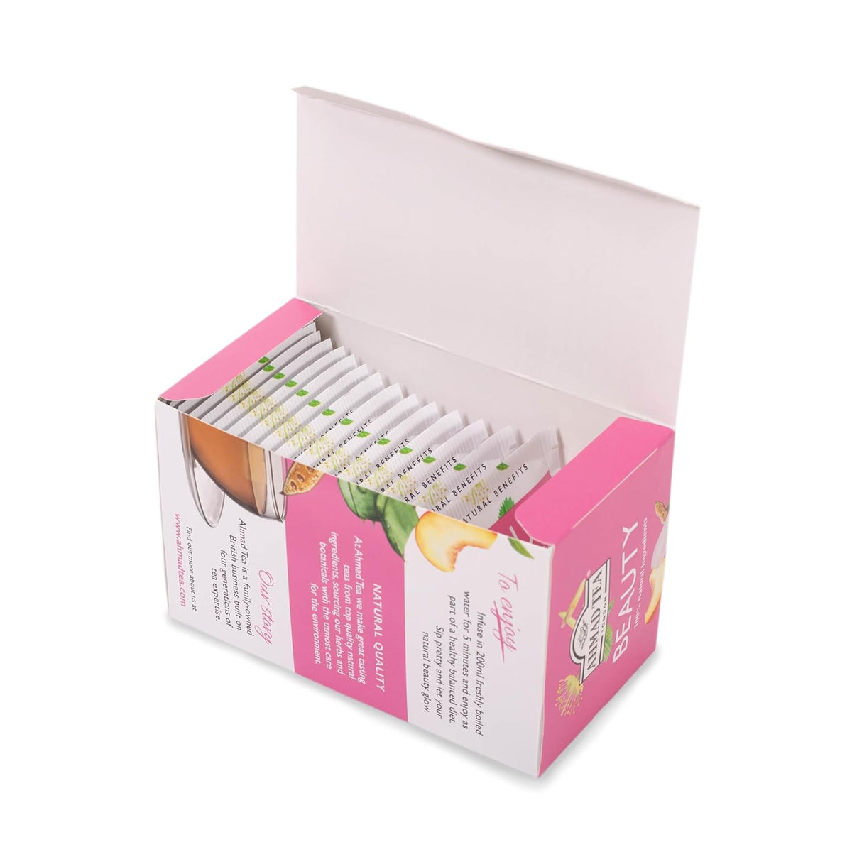 Ahmad Tea Herbal Tea, Peach, Carob, and Rose Petals 'Beauty' Natural Benefits Teabags, 20 ct (Pack of 1) - Decaffeinated & Sugar-Free