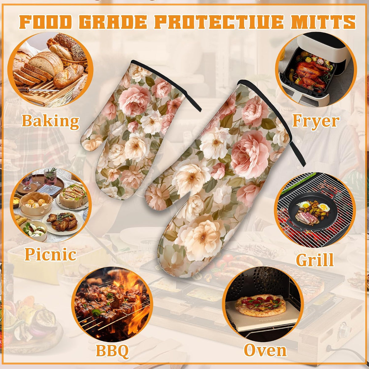 Pink Roses Oven Mitts and Pot Holders Set,Peony Flower Kitchen Oven Gloves and Pot Holder with Heat Resistant Non Slip for Cooking Baking Grilling(4 Piece Set)