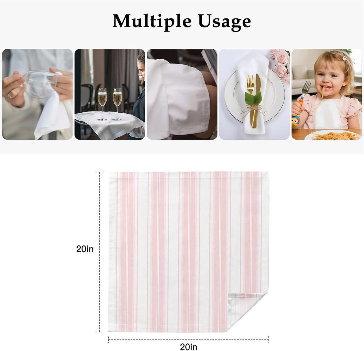 Pink Striped Cloth Napkins Set of 6, Holiday Napkins for Baby Shower, Modern Thin Line Vertical Stripes Washable Reusable Dinner Napkin for Cocktail Wedding Party, 20 x 20 Inch