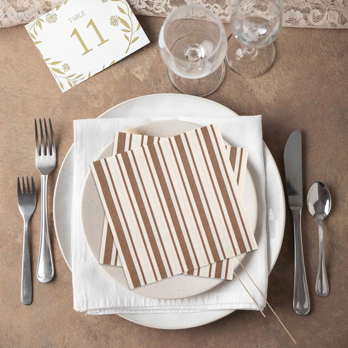 JarThenaAMCS 100Pcs Brown Stripe Paper Napkin Disposable Luncheon Napkins Dinner Hand Napkins for Birthday Baby Shower Wedding Party Supplies Table Decor