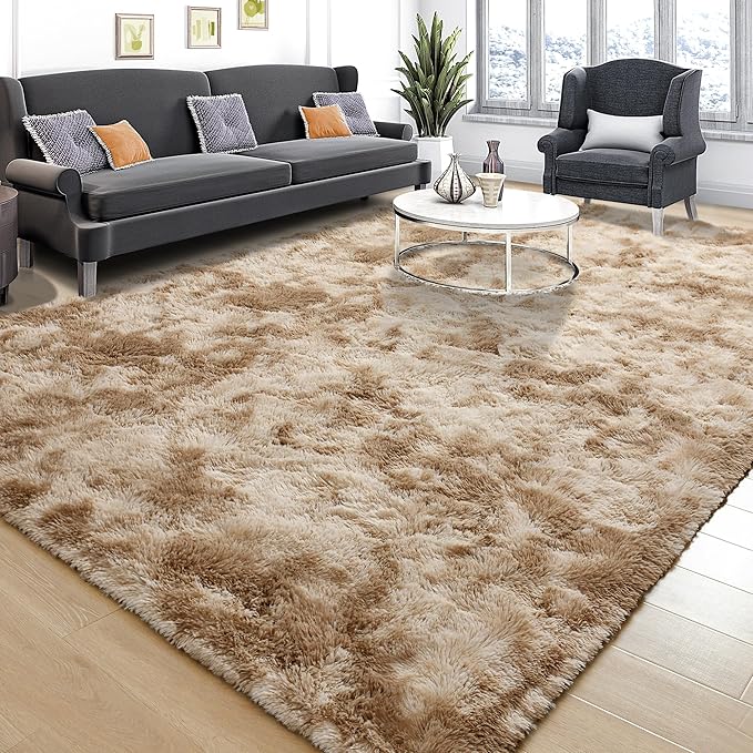 Tepook Fluffy Large Rugs for Living Room, Shag Area Rug 6x9 Soft Carpet for Bedroom, Modern Shaggy Rug for Kids Boys Girls, Plush Indoor Nursery Home Decor Rug with Non-Slip Bottom, Tie-Dyed Beige