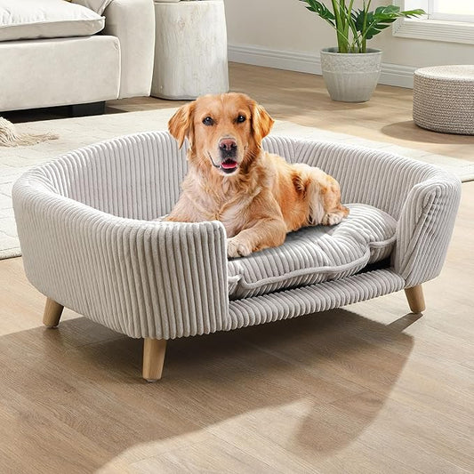 30''inch Bed Frame for Large Dogs, Modern Pet Sofa, Elevated Dog Couch Bed with Wooden Legs, Oval Small Dog Bed, Cozy Tufted Cushion Pet Furniture (Beige)