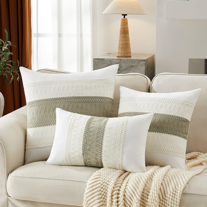 2pk Boho Pillow Covers 22x22, Natural White/Contrast/Dark Sage | 100% Organic Cotton Body, Stripe Embroidery, Farmhouse Decorative Cushion Covers for Sofa Bed Living Room Home Decor