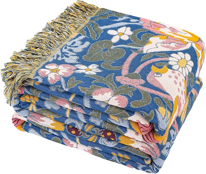 King Throw Blanket for Bed 100% Cotton Boho Oversized Soft Cozy Muslin Quilt Blanket Double Embroider Bird and Florals, Vintage Farmhouse Cottage Woven Blankets for Bedding Couch,90"×98"- Blue&Yellow
