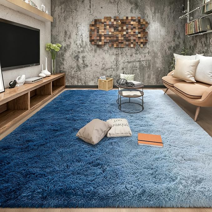Tepook Fluffy Large Rugs for Living Room, 8x10 Area Rugs for Bedroom, Modern Shag Fuzzy Carpets for Kids Boys Girls, Plush Indoor Nursery Home Decor Rug with Non-Slip Bottom, Gradient Navy Blue