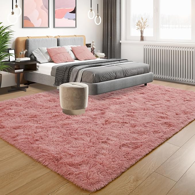 Tepook Blush Pink Area Rugs for Living Room Girls Bedroom, 8x10 Fluffy Shaggy Dusty Pink Rug for Kids Room Playroom, Plush Shag Non-Slip Carpet for Nursery Dorm Classroom, Cute Rose Beige Rug