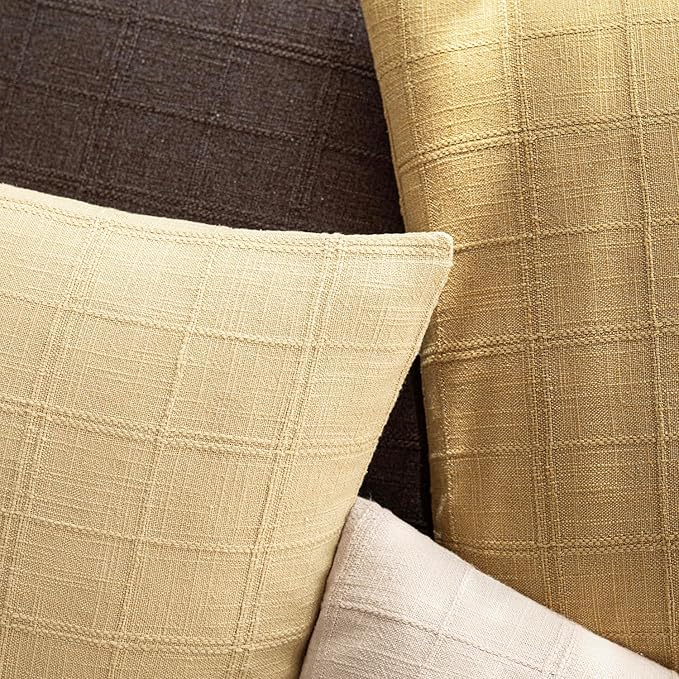 Foindtower Set of 2 Decorative Linen Check Throw Pillow Covers Neutral Farmhouse Vintage Cushion Covers Modern Coastal Boho Home Decor for Sofa Chair Couch Bedroom Living Room,26×26 Inch,Light Yellow