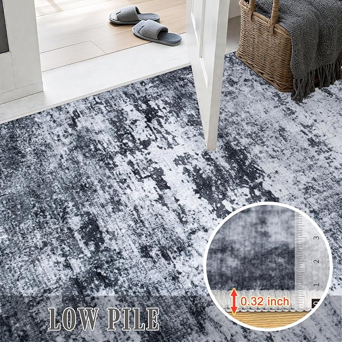 10x14 Area Rug Living Room Rug: Washable Modern Abstract Soft Thin Rug Indoor Floor No Slip Stain Resistant Carpet for Bedroom Dining Room Farmhouse Nursery Home Office - Black