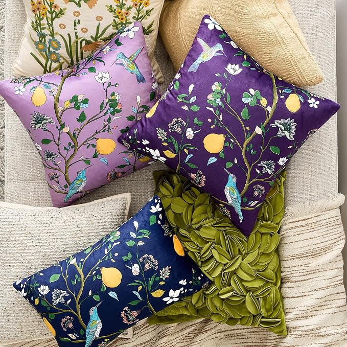 MUSSEL Plum Purple Floral Vintage Decorative Pillow Covers 18x18 Set of 2 | Soft Velvet,Wild Flower Plant,Throw Pillows Case,Square,Colorful Farmhouse Cushion Covers,Home Sofa Bed Couch Decor