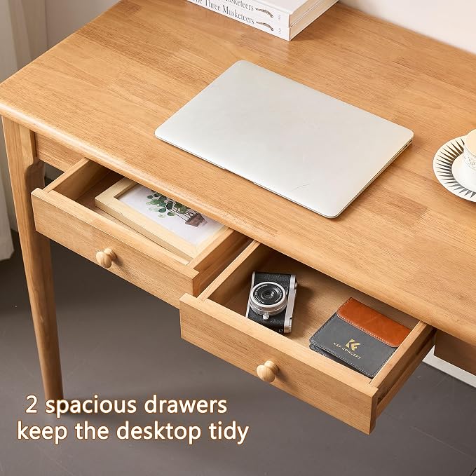 40" Solid Wood Desk with Drawers,Mid Century Modern Natural Real Wood Writing Desk,Home Bedroom Computer Office Workstation Desks,Small Spaces,Wood Color