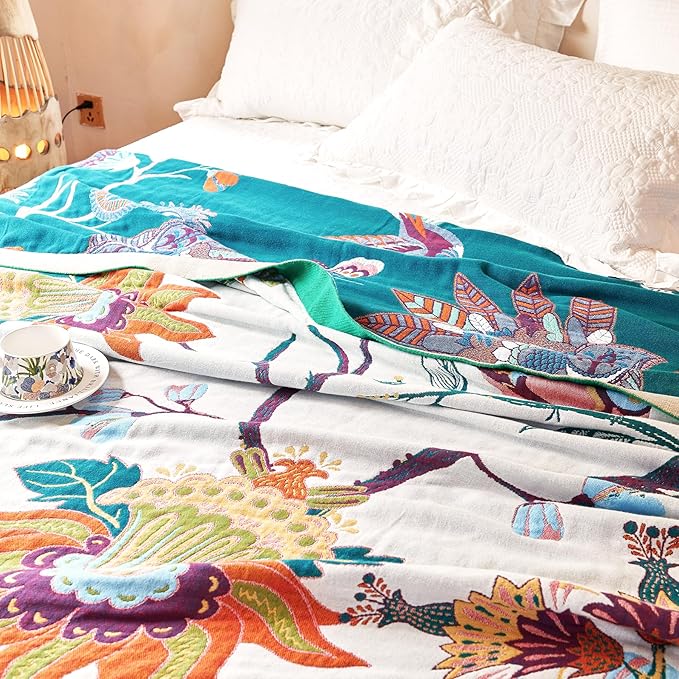 VANJOROY Boho Throw Blanket, 100% Organic Cotton Breathable Skin-Friendly Ultra Soft Bed Quilt Throw - All Season Floral Bird Farmhouse Décor Luxury Blanket for Sofa Couch Chair and Gift. 50" x 60"