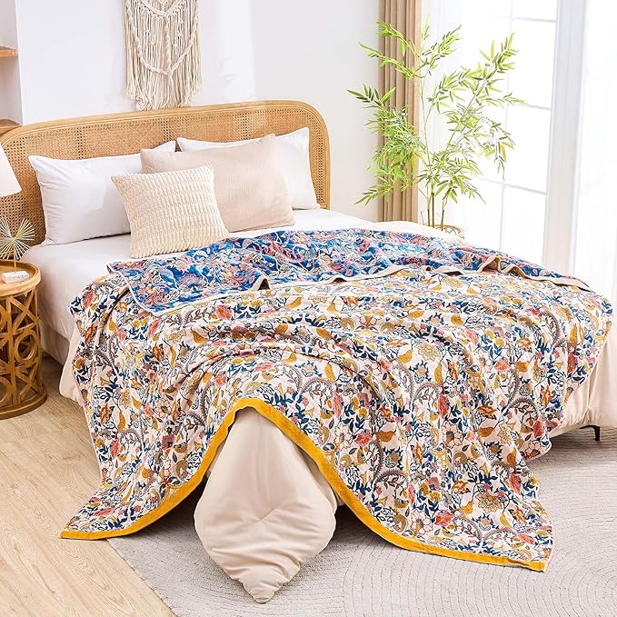XIBLC Boho Blanket Throw Quilt, 100% Cotton Soft Light Weight Throw Blankets for Summer, 50"x60" Farmhouse Flower Decorative Blankets, All Season Rustic Reversible Bohemian Throw Quilt