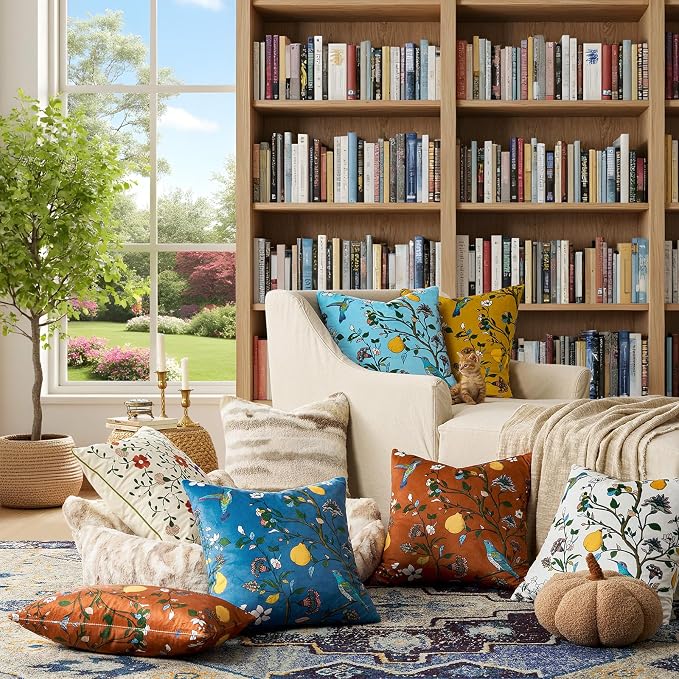 MUSSEL Burnt Orange Velvet Floral Decorative 16x16 Pillow Covers Set of 2 | Soft Durable and Sturdy,Bird Plant,Throw Pillows Case,Square,Colorful Boho Modern Cushion Covers,Home Sofa Couch Decor