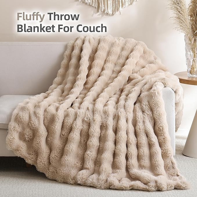 Faux Rabbit Fur Throw for Couch - Linen Bubble Blanket 50"x60" | Fluffy Plush Fuzzy Throw for Sofa & Bed, Super Soft Cozy Comfrt Blanket, Luxury Aesthetic Linen Decor Gift for Women