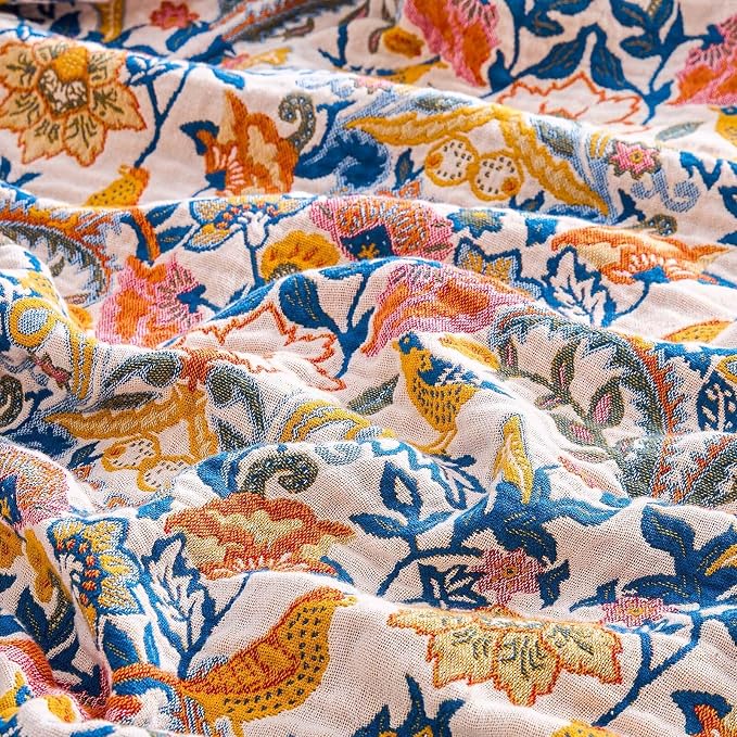 XIBLC Boho Blanket Throw Quilt, 100% Cotton Soft Light Weight Throw Blankets for Summer, 50"x60" Farmhouse Flower Decorative Blankets, All Season Rustic Reversible Bohemian Throw Quilt