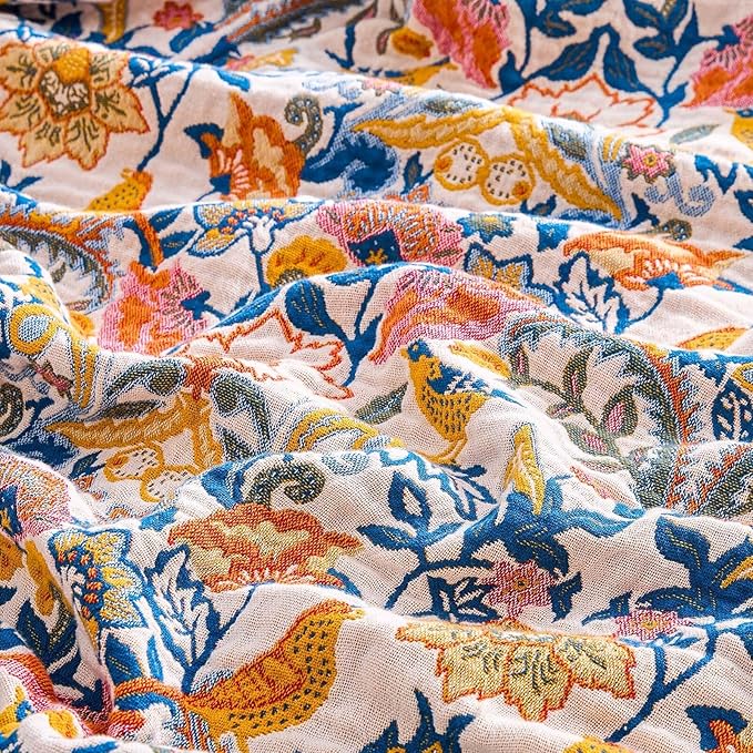 XIBLC Boho Blanket Throw Quilt, 100% Cotton Soft Light Weight Throw Blankets for Summer, 90"x98" Farmhouse Flower Decorative Blankets, All Season Rustic Reversible Bohemian Throw Quilt