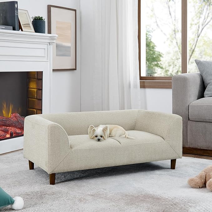 39x25 Inch Large Dog Sofa, Modern Jumbo Pet Couch Made Made by Linen with Armrest and Backrest - Indoor Elevated Dogs Chaise Bed for Doggy up to Medium and Large (Beige)
