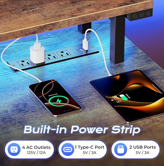 PRAISUN 63 inch Gaming Desk, LED & Outlets, Monitor Stand, Rustic Brown | Sturdy PC Desk for Home Office, Study & Work, LED Lights, 4 AC Outlets & USB-C Charging Station