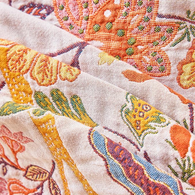 VANJOROY Boho Throw Blanket, 100% Organic Cotton Breathable Ultra Soft 91" x 108" King Bed Quilt Throw - All Season Floral Rustic Farmhouse Decor Luxury Blanket for Sofa Couch Chair and Gift