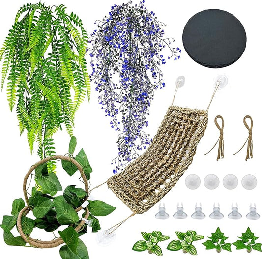8PCS Bearded Dragon Hammock Reptile Basking Platform Rock Reptile Artificial Plants Leaves & Vines Lizard Habitat Decor Terrarium Tank Accessories for Hiding & Climbing Snake Gecko Bird Chameleon