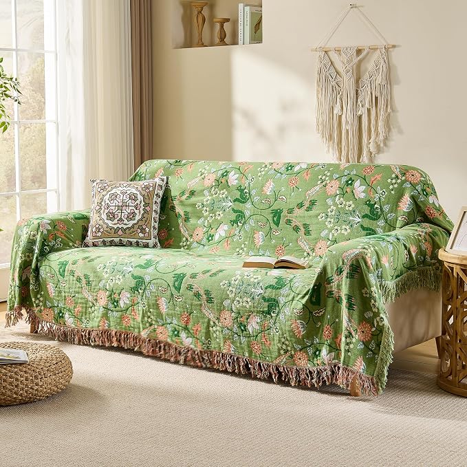VANJOROY Boho Throw Blanket, 100% Organic Cotton Breathable Skin-Friendly Ultra Soft 60" x 80" Bed Quilt Green Throw - Floral Rustic Decor Luxury Reversible Blanket for Sofa Couch Chair and Gift,