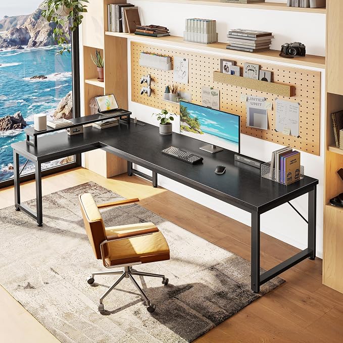 PRAISUN 61" L Shaped Computer Desk, Power Outlets, Monitor Stand, Black | USB-C Ports, Reversible Charging Station, Spacious Desktop & Legroom, 0.94 Inch Thick Desktop, for Gaming, Study & Work