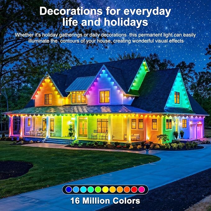 LITSOUL 200FT Permanent Outdoor Lights for House Waterproof, Smart RGB Eave LED Lighting with 16 Million Colors, IP67 Outdoor Strip Lights for Christmas Halloween Holiday Daily Decorations (60m/200ft)