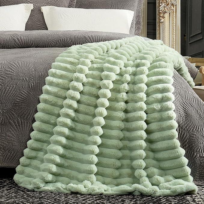 Cozy Bliss Faux Fur Throw Blanket for Couch, Cozy Warm Plush Striped Blanket for Sofa Bedroom Living Room, 50 * 60 Inches Sage Green