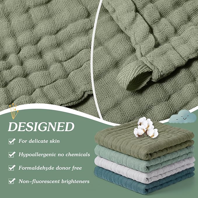 8 Pcs Baby Washcloths for Newborn 12 x 12 Inch Muslin Face Towels Cotton Absorbent for Delicate Skin Soft Muslin Cloth Reusable Baby Registry as Shower Gift, 4 Colors(Green Color)