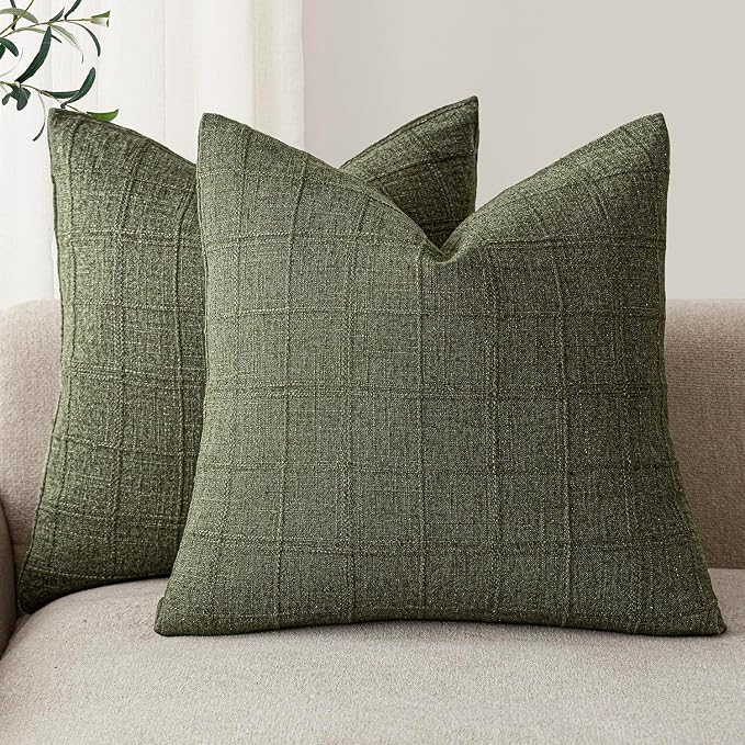 Foindtower Set of 2 Decorative Linen Check Throw Pillow Covers Neutral Farmhouse Vintage Cushion Covers Modern Boho Home Decor for Sofa Chair Couch Bedroom Living Room,24×24 Inch,Olive Green