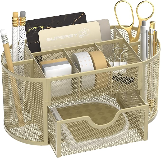 SUPEASY Mesh Desk Organizer, Desk Accessories & Workspace Organizers with Drawers, Pencil Holder for Desk with 9 Compartments for Office Suppliess, 8.6 x 4.3 x 4.1 Inch, Yellow | Pull-Out Drawer Stores Pens, Pencils, Clips, Notes, and Small Office or S...