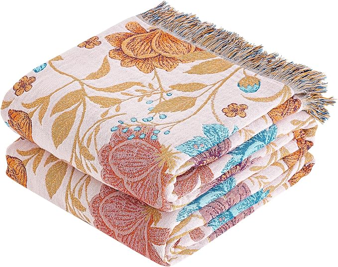 VANJOROY Boho Throw Blanket, 100% Organic Cotton Breathable Ultra Soft 60" x 80" Bed Quilt Throw - All Season Floral Rustic Farmhouse Decor Luxury Reversible Blanket for Sofa Couch Chair and Gift