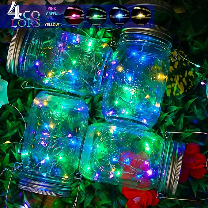 SunKite Solar Mason Jar Lights [Updated], 8 Pack 20 LED Waterproof Fairy Firefly Jar Lids String Lights with Hangers(NO Jars), Patio Yard Garden Wedding Decoration - Colorful