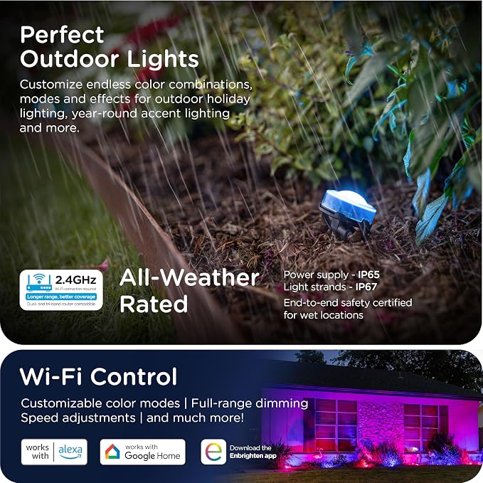 Enbrighten Vibe Eternity Garden Lights, 50ft, 12 RGBWIC LEDs, Waterproof, Uplights, Outdoor Landscape Lighting, Home Exterior Spotlight, Smart App, Works with Alexa, Google Home, 83790