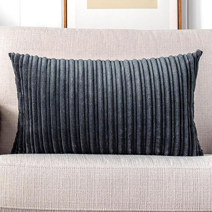 UGASA Velvet Pillow Covers Striped Decorative Throw Pillow Cover Cushion Case with Hidden Zipper for Home Couch/Bedroom/Car, Soft Cozy Solid Oblong, 1 Piece (12"x20", Dark Grey)