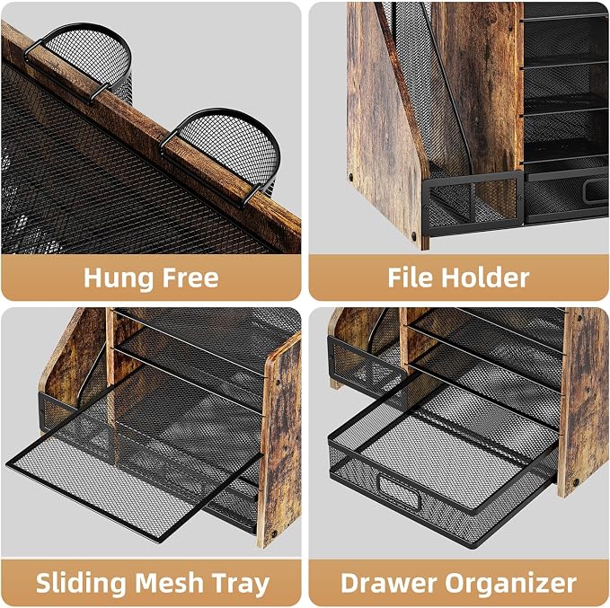 Marbrasse Desk Organizer with File Holder, 5-Tier Paper Letter Tray Organizer with Drawer and 2 Pen Holder, Mesh Desktop Organizer and Storage with Magazine Holder for Office Supplies (Wood-Brown)