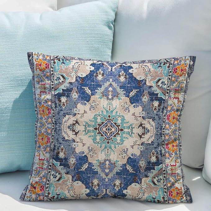 Snycler Boho Throw Pillow Covers 26x26 inch Set of 2 Boho Rug Carpet Double Sided Pattern Cotton Soft Pillow Case Cushion Cover Pillowcase for Couch Sofa Bed Decorative (Blue)