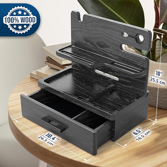 BarvA Phone Docking Station with Drawer Organizer | Night Stand Desk Charging Station | Upgraded Nightstand Organizer | Dresser Smart Watch Earbuds Phone Stand | Room Decor Gifts for Women Men Mom